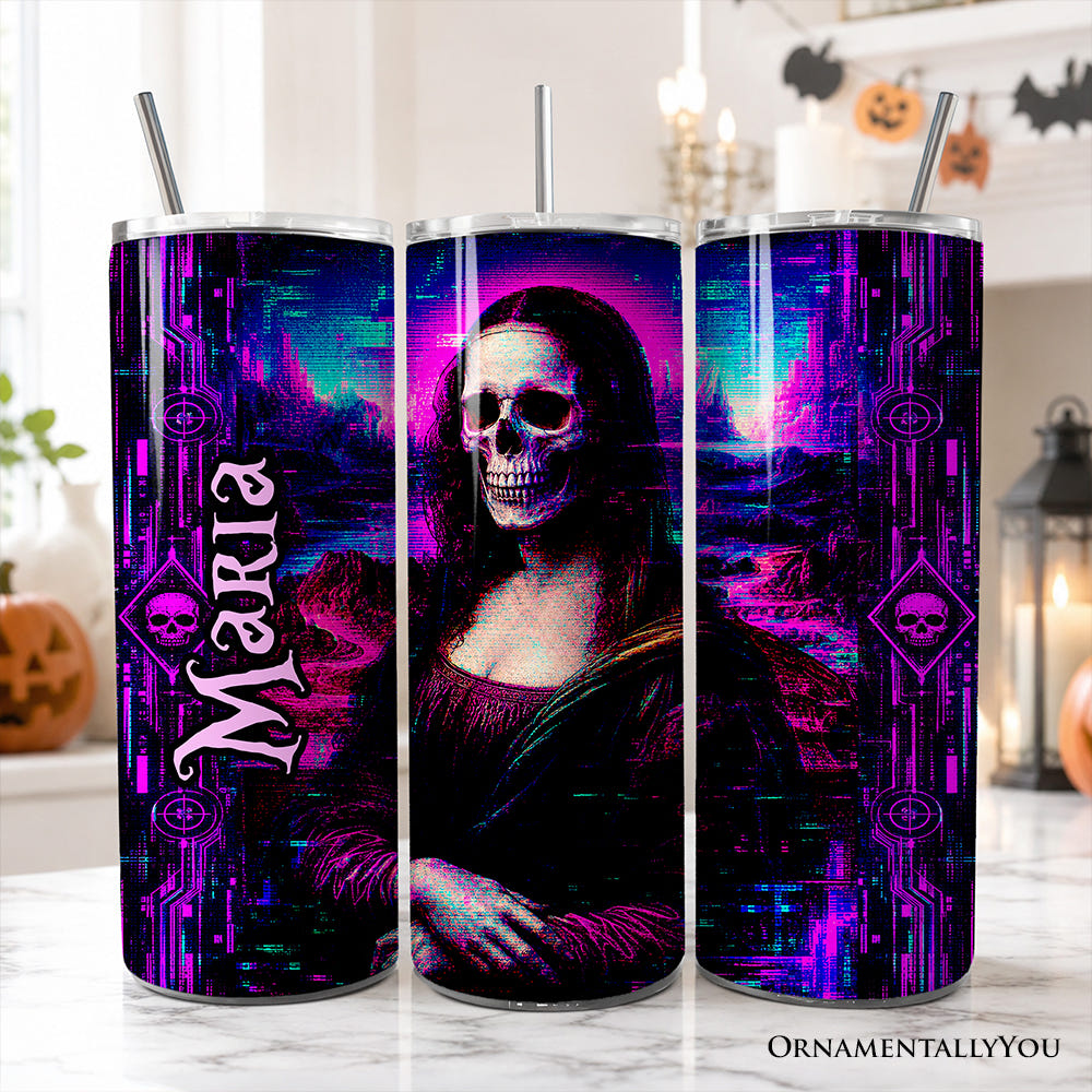 Cyberpunk Skeleton Mona Lisa Glitch 20oz Personalized Tumbler With Lid and Stainless Steel Straw, Neon Synthwave Art Gift Cup