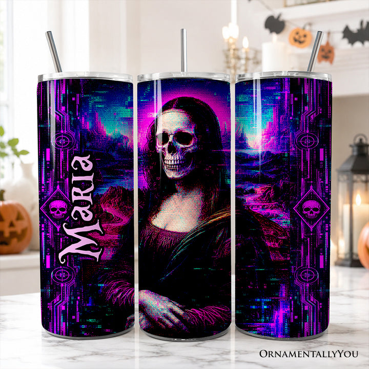 Cyberpunk Skeleton Mona Lisa Glitch 20oz Personalized Tumbler With Lid and Stainless Steel Straw, Neon Synthwave Art Gift Cup