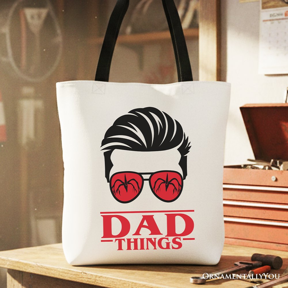 Dad Things Retro Canvas Tote Bag, Red Glasses Family Matching Gift Shopper Tote Bag OrnamentallyYou Black Handle 