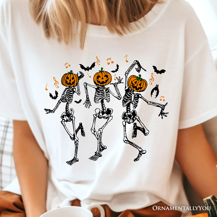 Dancing Skeletons with Pumpkin Head T-Shirt, Dry Bones Come Alive Halloween Fun Tee