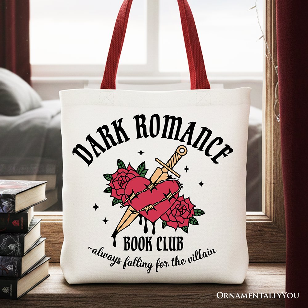 Dark Romance Book Club Canvas Tote Bag, Vintage Gothic Romantasy Bookish Gift Shopper Tote Bag OrnamentallyYou Red Handle 