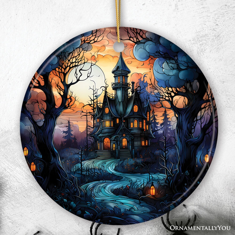 Dark and Gloomy Haunted House Stained Glass Style Ceramic Ornament, Halloween Themed Christmas Gift and Decor Ceramic Ornament OrnamentallyYou 