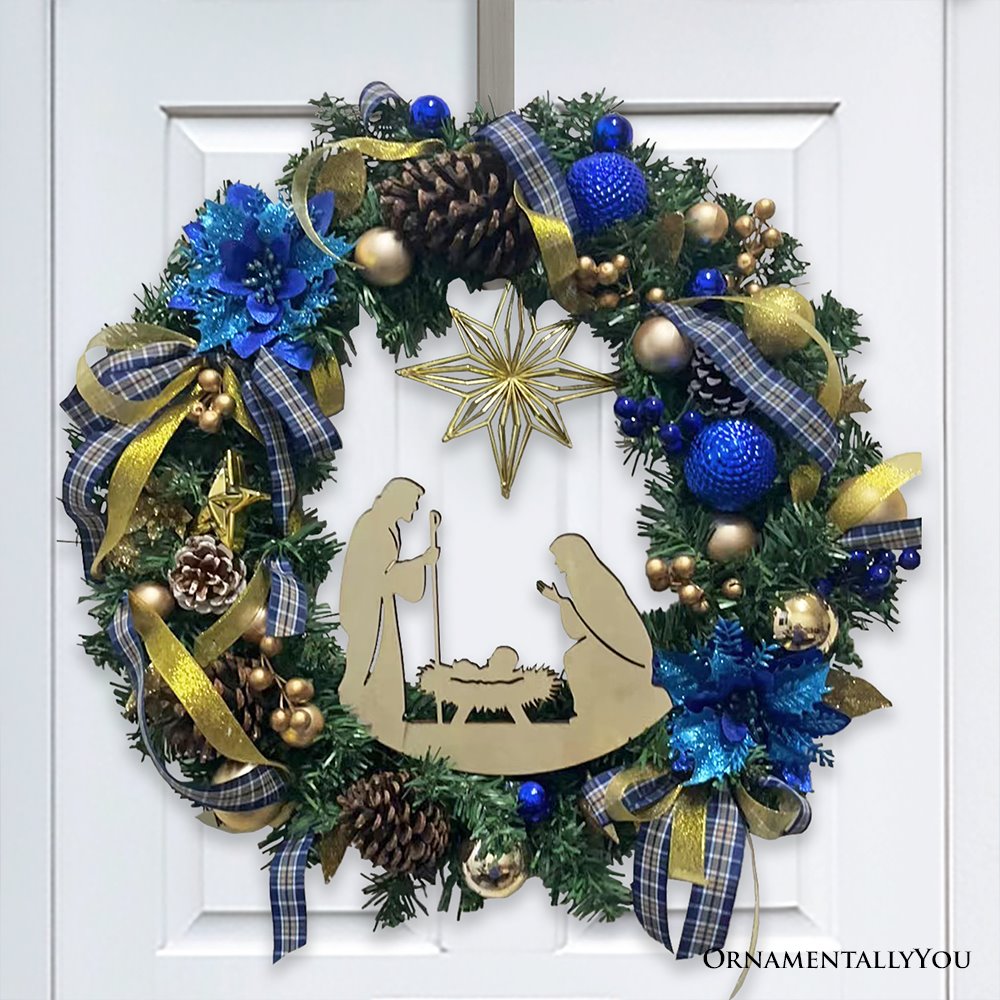 (Pre-Order) Decorous Nativity Christmas Wreath, Blue and Gold Ribbons and Poinsettias Birth of Christ Door Decoration Wreath OrnamentallyYou 