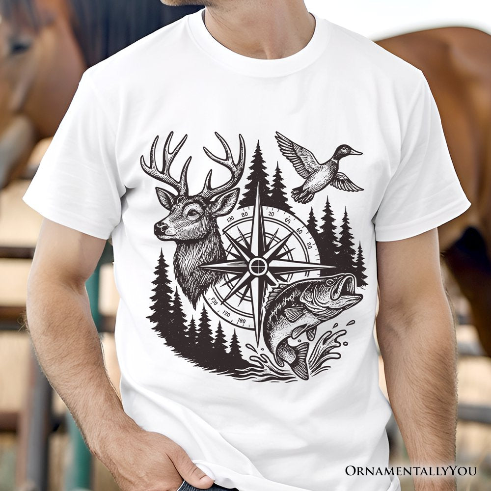 Deer Duck Fishing Hunting T-Shirt, Camo Vintage Compass Outdoors Tee T-Shirts OrnamentallyYou 