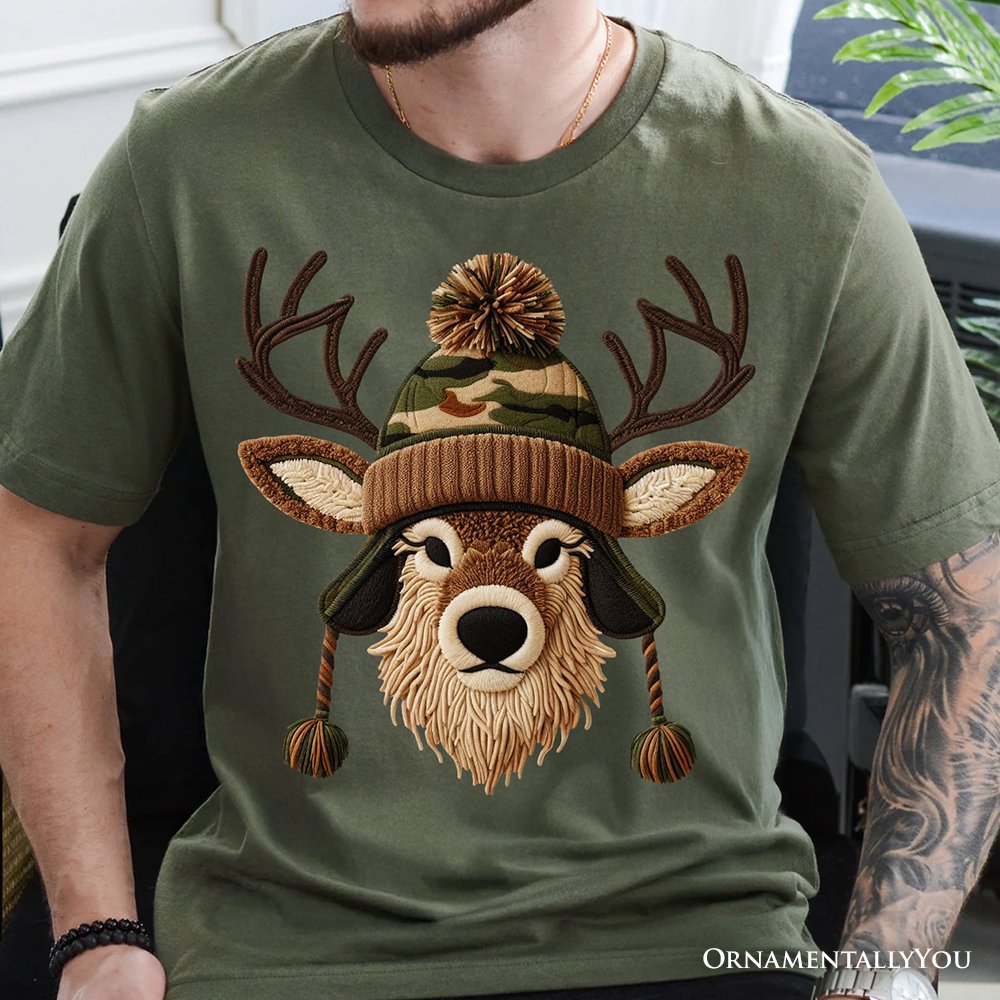 Deer Head Camo Hat Christmas T-Shirt, Imitation Latch Hook Yarn Cozy Hunting Season Tee T-Shirts OrnamentallyYou 