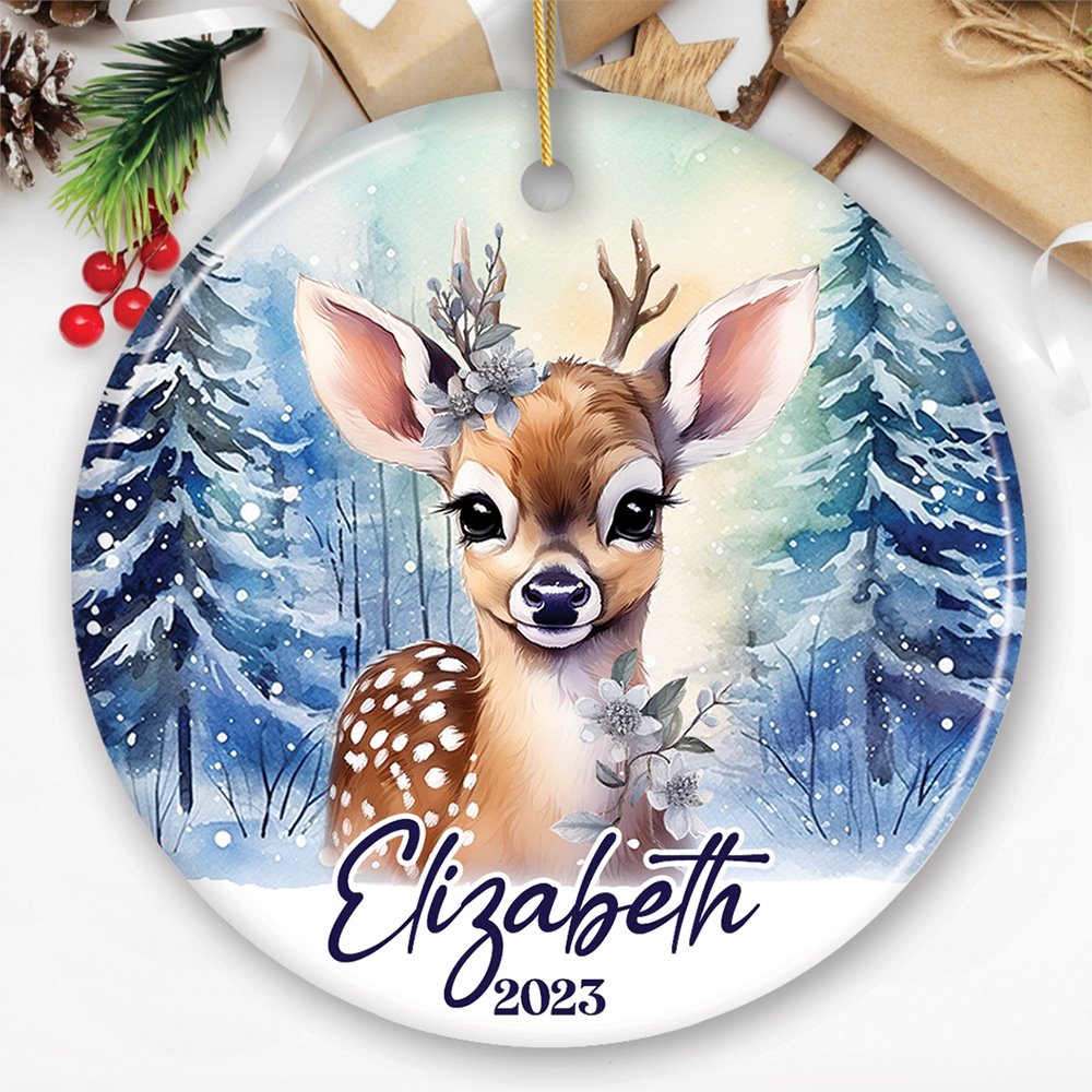 Deer Personalized Ornament, Majestic Winter Forest Christmas Gift With Custom Name and Date Ceramic Ornament OrnamentallyYou Circle 
