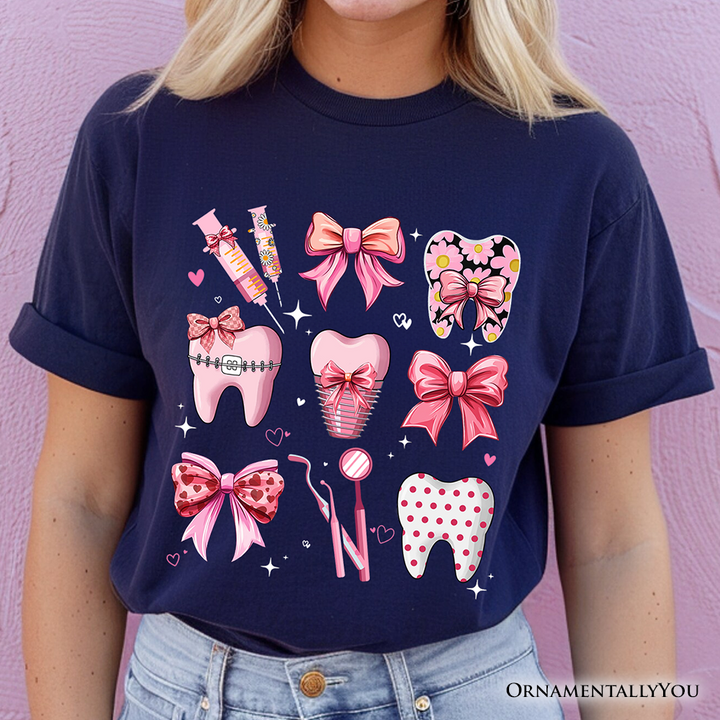 Dental Squad Coquette T-Shirt, Pink Teeth Dentist Life Bow Tee