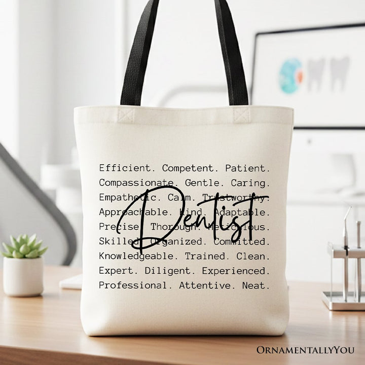 Dentist Definition Canvas Tote Bag, Dental Appreciation Words Gift Shopper Tote Bag OrnamentallyYou Black Handle 