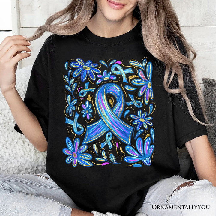 Diabetes Blue Ribbon Floral T-Shirt, Awareness Support Tee T-Shirts OrnamentallyYou 