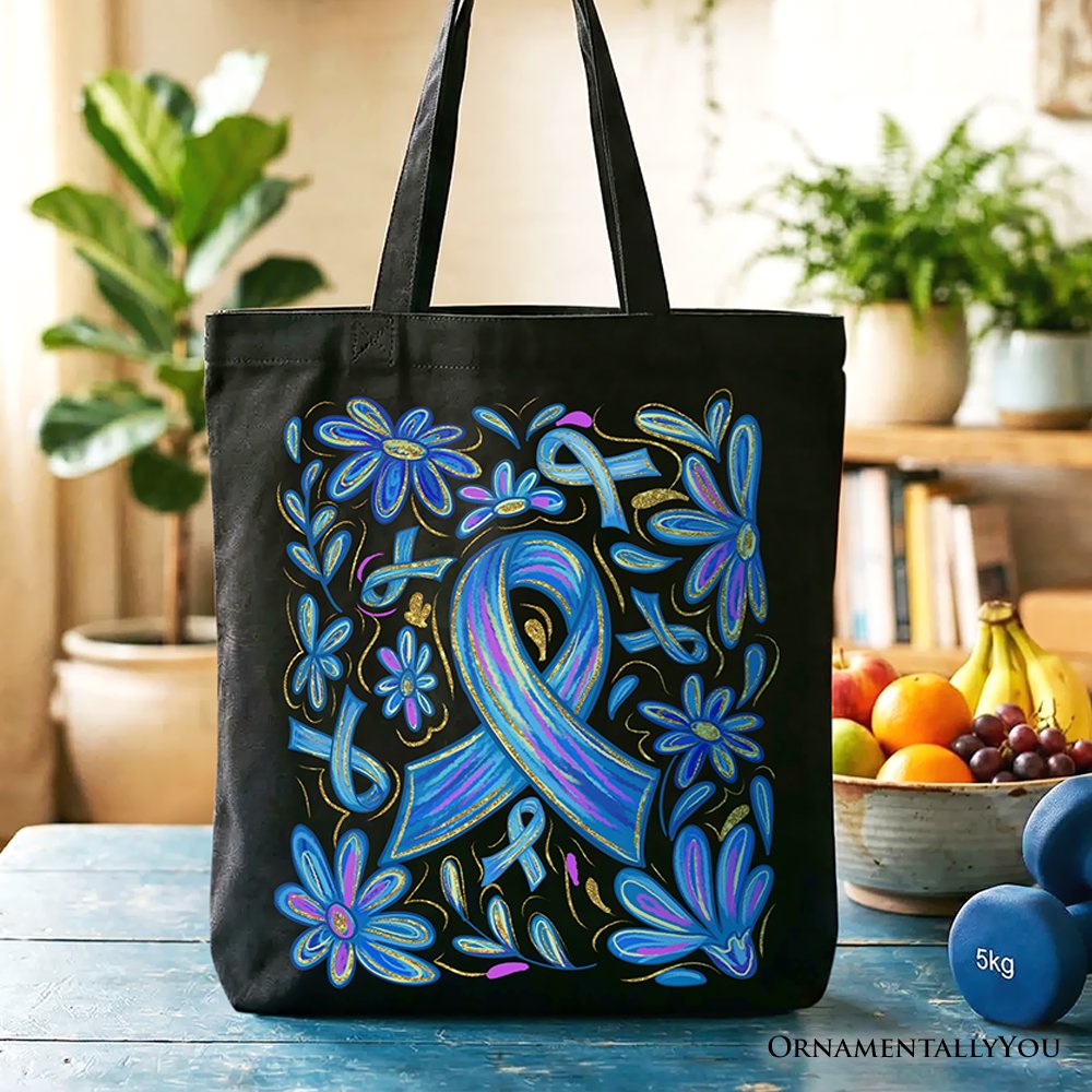 Diabetes Blue Ribbon Floral Tote Bag, Awareness Support Gift Shopper Tote Bag OrnamentallyYou Black 