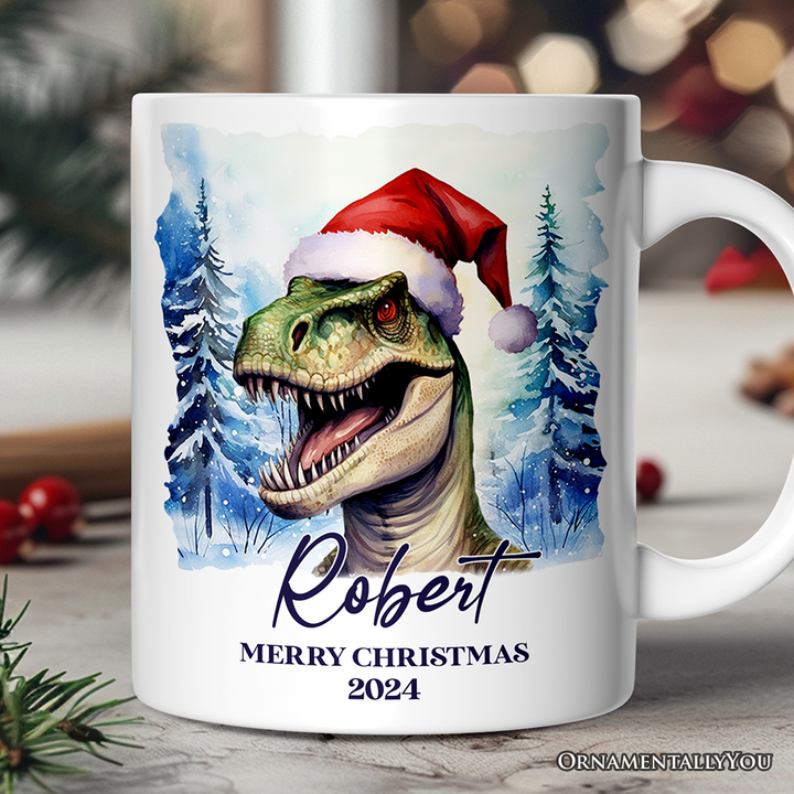 Dinosaur with Santa Hat Personalized Mug, Winter Forest Christmas Gift With Custom Name and Date