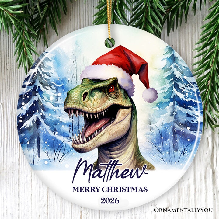 Dinosaur with Santa Hat Personalized Ornament, Winter Forest Christmas Gift With Custom Name and Date Ceramic Ornament OrnamentallyYou Circle 