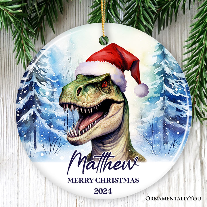 Dinosaur with Santa Hat Personalized Ornament, Winter Forest Christmas Gift With Custom Name and Date