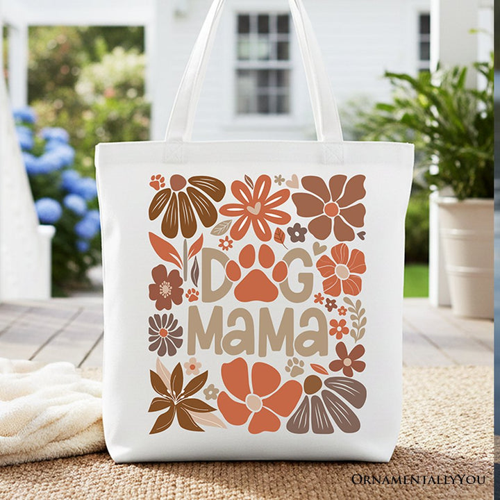 Dog Mama Boho Floral Canvas Tote Bag, Gift Shopper for Proud and Stylish Pet Lovers Tote Bag OrnamentallyYou White 