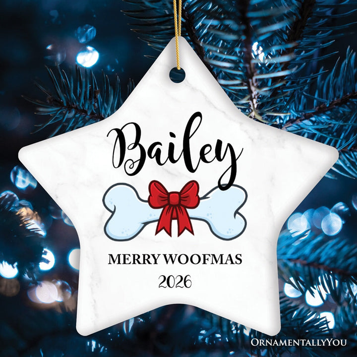Dog Personalized Merry Woofmas Ornament With Bone, Custom Name and Date Puppy Gift Ceramic Ornament OrnamentallyYou Star 