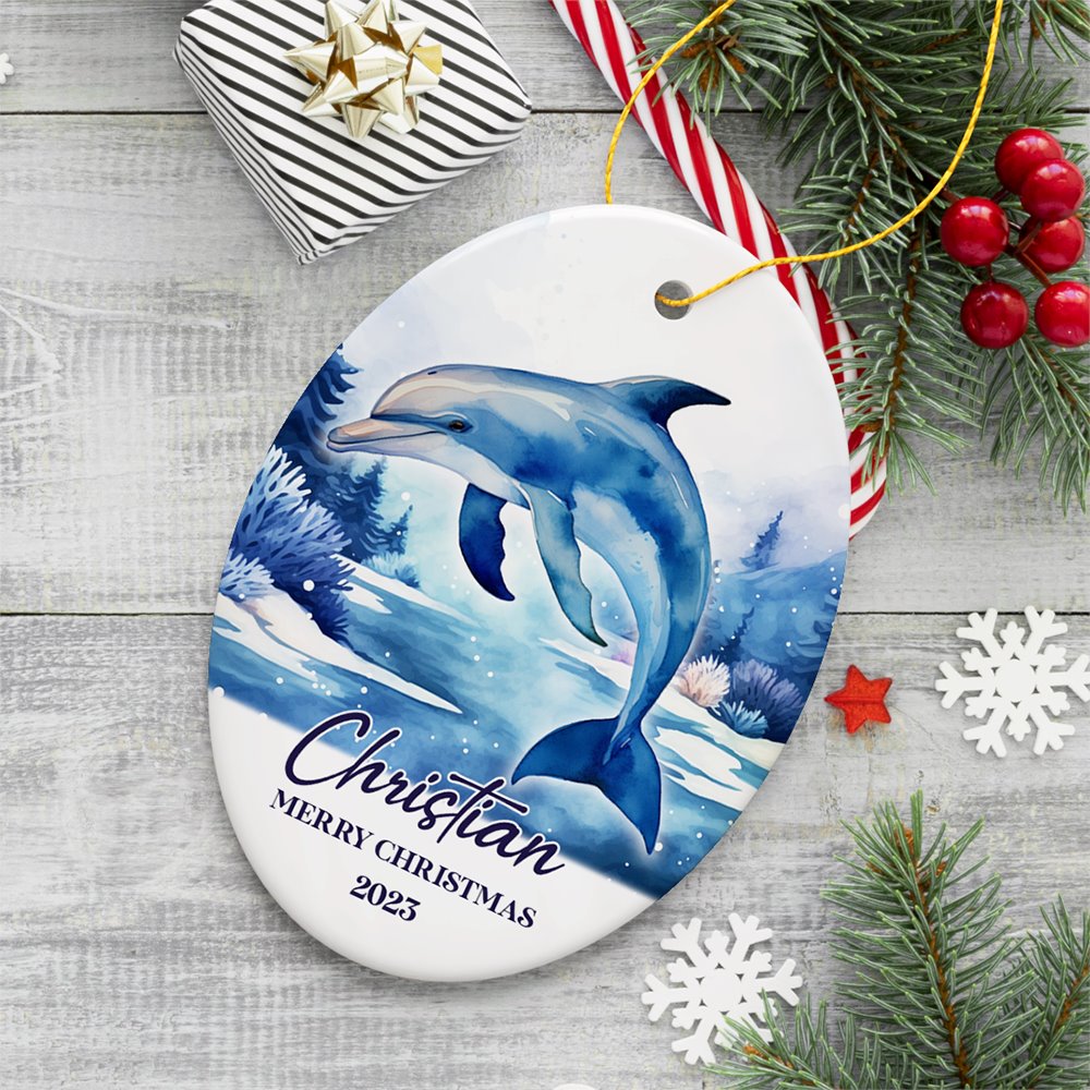 Dolphin Personalized Ornament, Festive Christmas Gift With Custom Name and Date Ceramic Ornament OrnamentallyYou Oval 