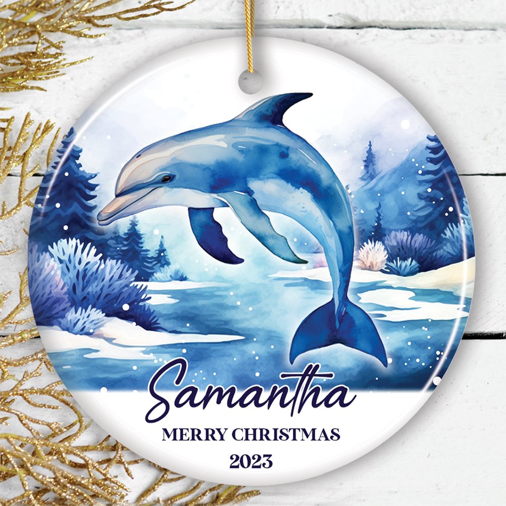 Dolphin Personalized Ornament, Festive Christmas Gift With Custom Name and Date Ceramic Ornament OrnamentallyYou Circle 