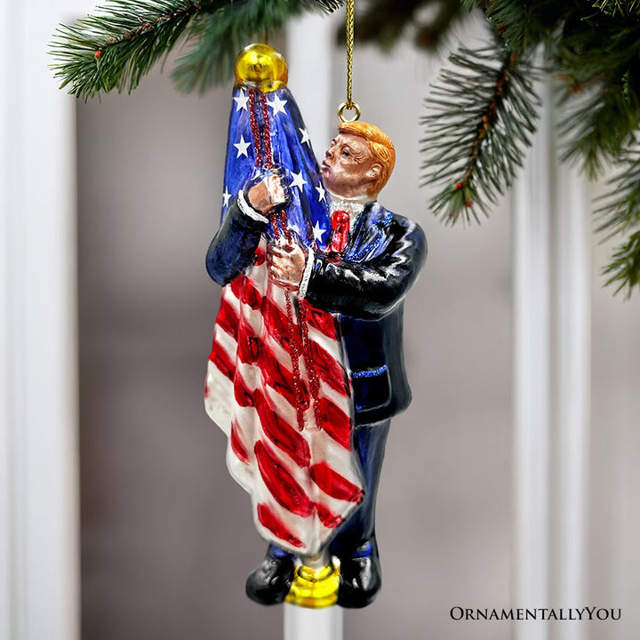 Donald Trump Kissing the American Flag Glass Christmas Ornament, United States President OrnamentallyYou 