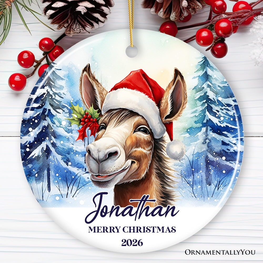 Donkey with Santa Hat Personalized Ornament, Winter Forest Christmas Gift With Custom Name and Date Ceramic Ornament OrnamentallyYou Circle 