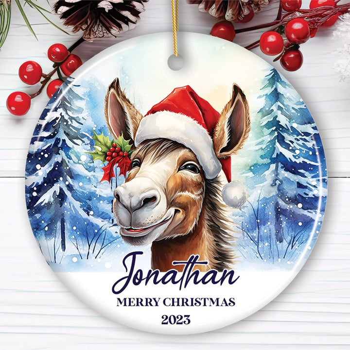 Donkey with Santa Hat Personalized Ornament, Winter Forest Christmas Gift With Custom Name and Date Ceramic Ornament OrnamentallyYou Circle 