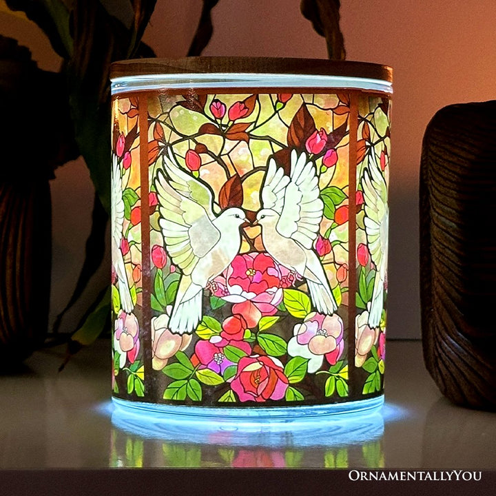Doves Faux Stained Glass LED Tea Light Candle, Graceful Bird Tabletop Decor With Soft Glow Candles OrnamentallyYou 