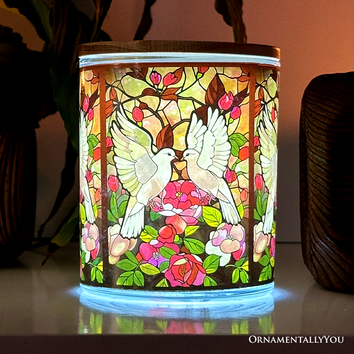 Doves Faux Stained Glass LED Tea Light Candle, Graceful Bird Tabletop Decor With Soft Glow