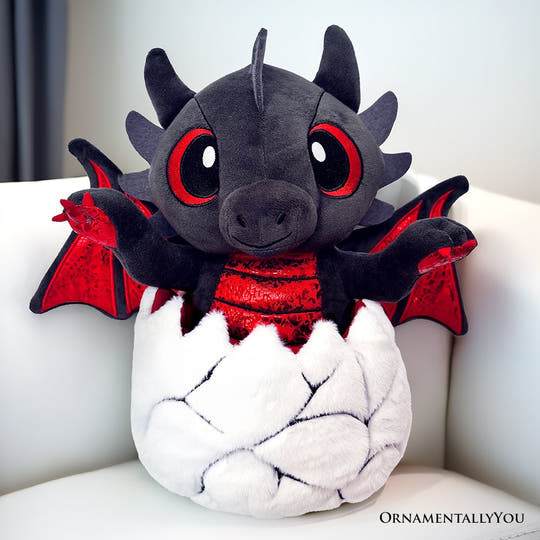 Drogo the Dino in an Egg Plushie, 12" Black and Red Dinosaur Stuffed Animal Gift for Boys and Teens Plush Toys OrnamentallyYou 