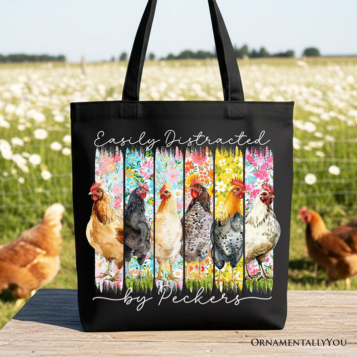 Easily Distracted by Peckers Chicken Farm Canvas Tote Bag, Funny Floral Farmlife Brushstroke Gift Shopper Tote Bag OrnamentallyYou Black 