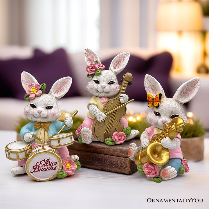Easter Bunny Band Trio Set of Three Figurines, 3.5" Rabbit Statue Resin Statues OrnamentallyYou 
