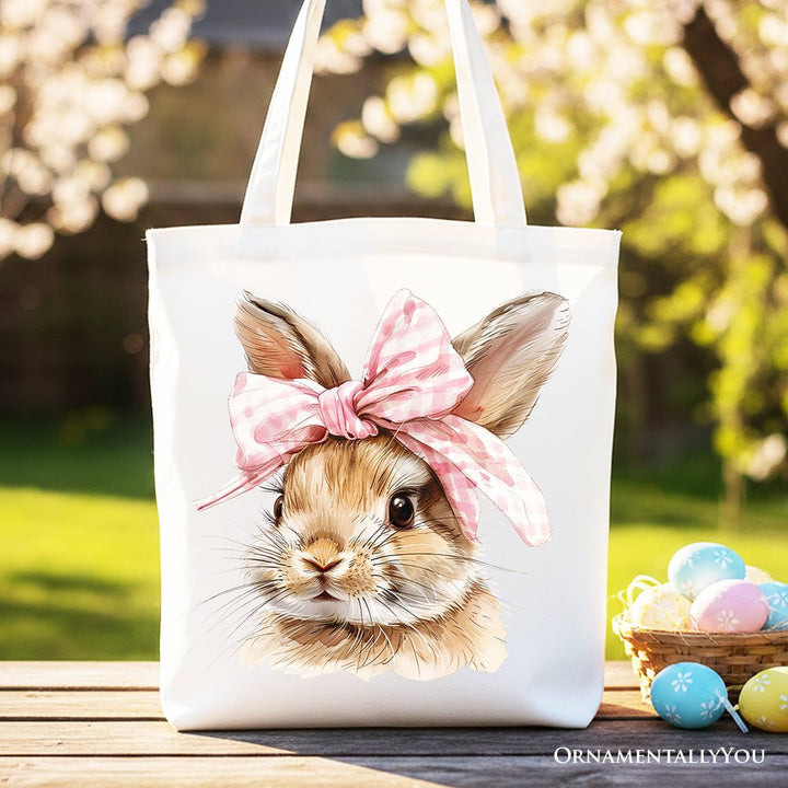 Easter Bunny Coquette Pink Bow Tote Bag, Cute Watercolor Gift Shopper Tote Bag OrnamentallyYou White 