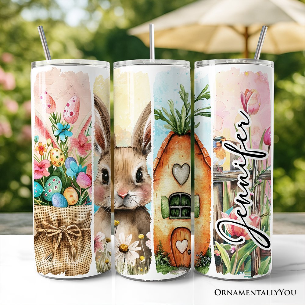Easter Bunny Floral Brushstroke 20oz Personalized Tumbler With Lid and Stainless Steel Straw, Spring Pastel Coquette Travel Mug Gift Tumbler OrnamentallyYou Customized 