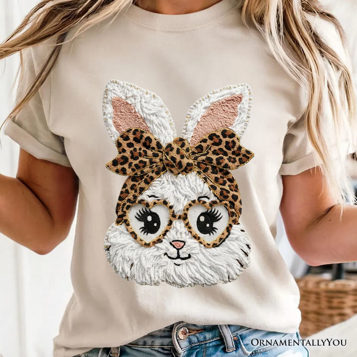 Easter Bunny Leopard Bow T-Shirt, Coquette Printed Faux Embroidery Girly Spring Tee