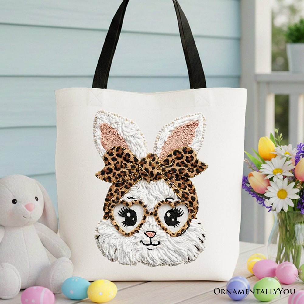 Easter Bunny Leopard Bow Tote Bag, Coquette Printed Faux Embroidery Girly Spring Gift Shopper Tote Bag OrnamentallyYou Black Handle 