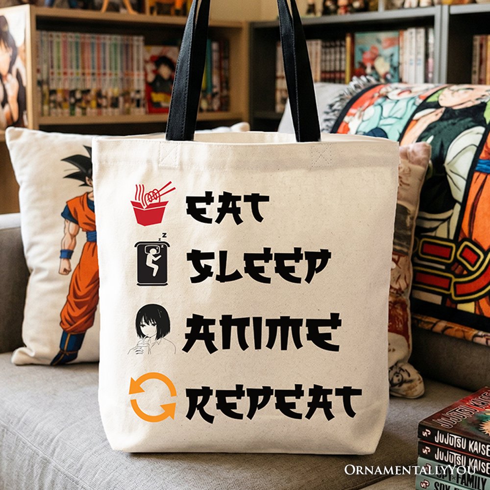 Eat Sleep Anime Repeat Tote Bag, Funny Gift Shopper For Anime Lover Tote Bag OrnamentallyYou Black Handle 