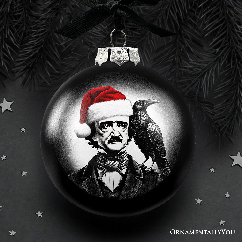 (Pre-Order) Edgar Allan Poe Spooky Christmas Portrait Glass Ornament, Black Horror Halloween Tree Decoration Round Glass Ball Ornament OrnamentallyYou 