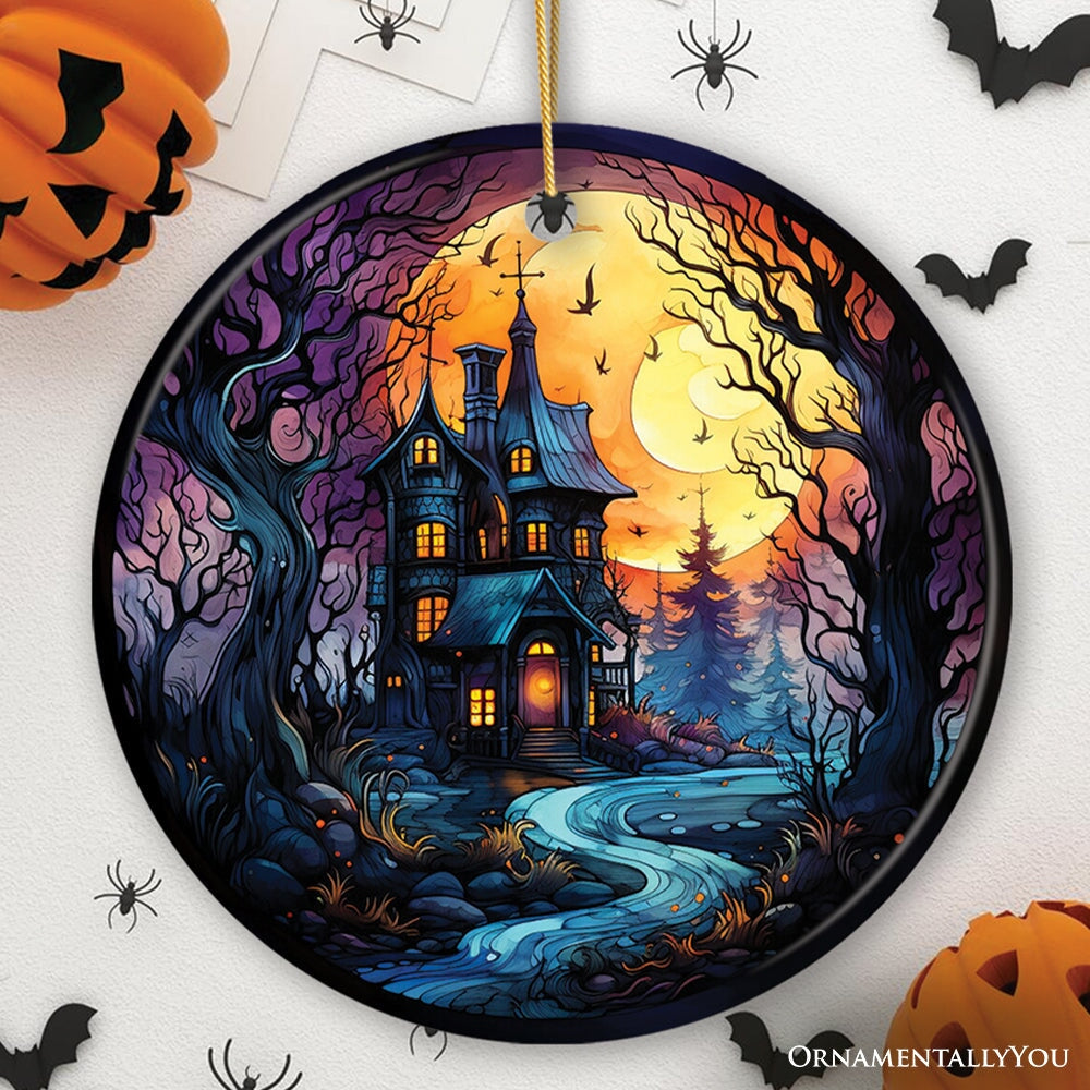 Eerie Abode Amidst Spooky Trees Stained Glass Style Ceramic Ornament, Halloween Themed Christmas Gift and Decor Ceramic Ornament OrnamentallyYou Circle 