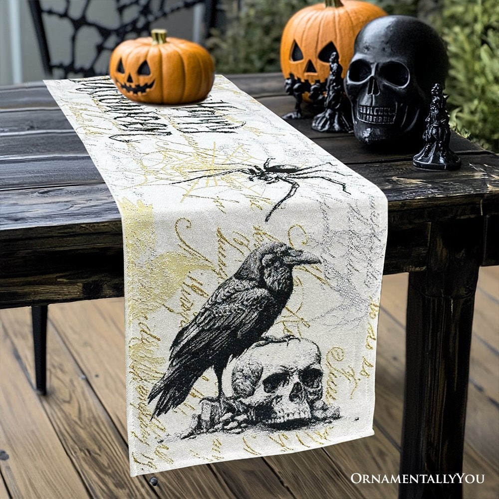 Elegant 72" Gothic Jacquard Table Runner, Halloween Tablecloth with Spider Webs and Black Ravens Table Runner OrnamentallyYou 