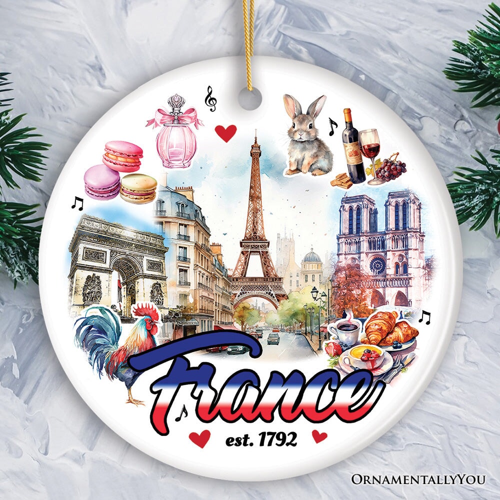 Elegant Art Compilation of French Landmarks Ornament, France Souvenir Gift Ceramic Ornament OrnamentallyYou Circle 