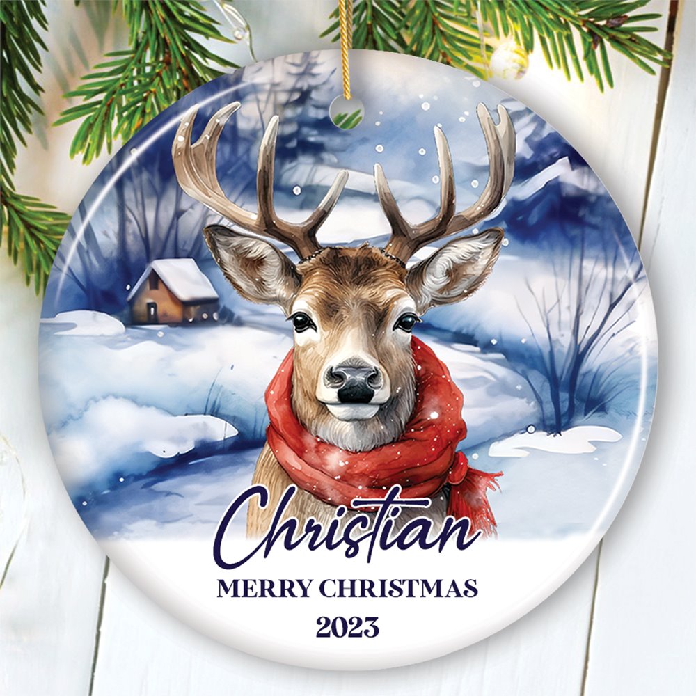 Elegant Deer Personalized Ornament, Winter Forest Christmas Gift With Custom Name and Date Ceramic Ornament OrnamentallyYou Circle 
