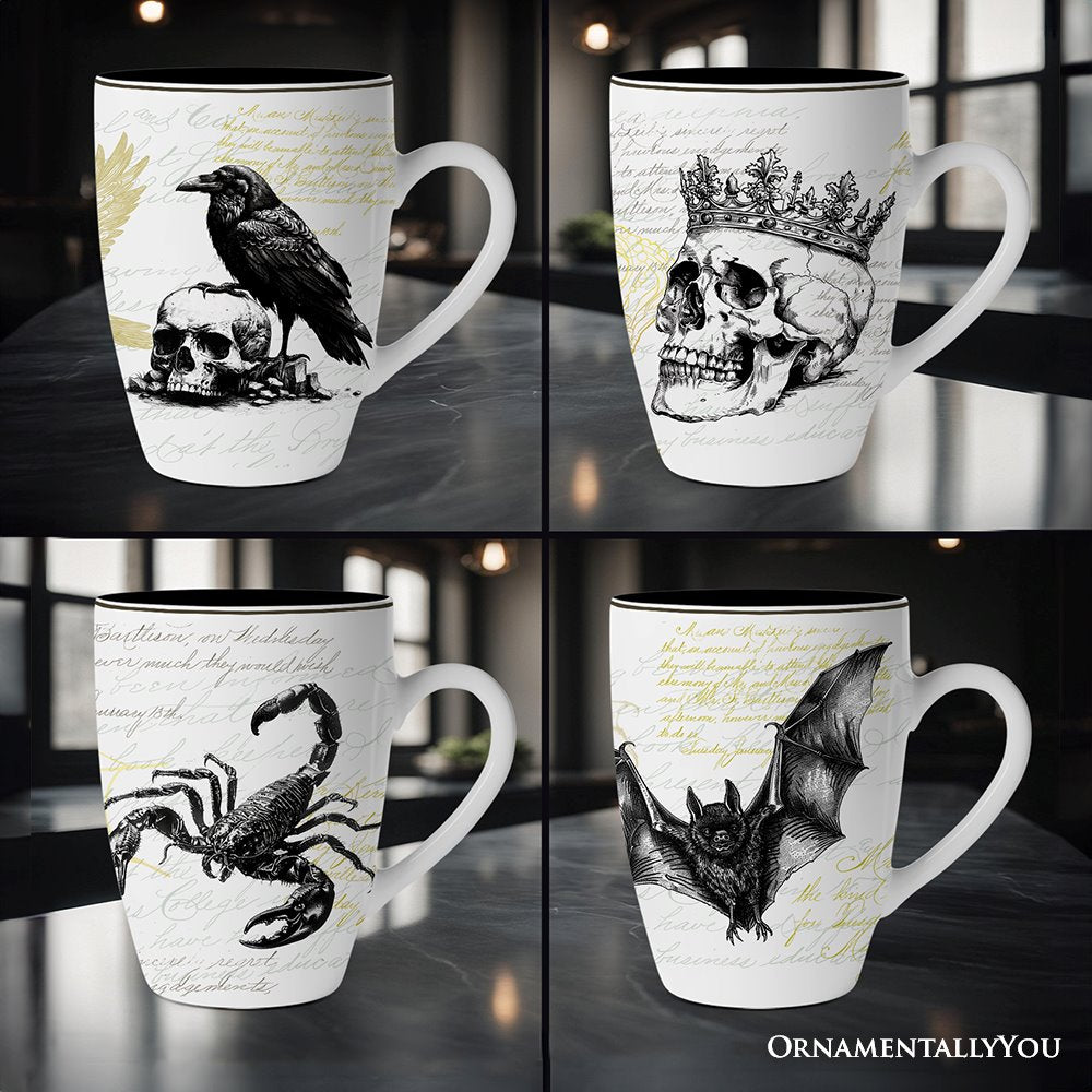 (Pre-Order) Elegant Goth Set of 4 Ceramic Mugs with Real Gold Trim, Black and White Spooky Halloween Coffee Cup Kitchen Gift Mug Sets OrnamentallyYou 