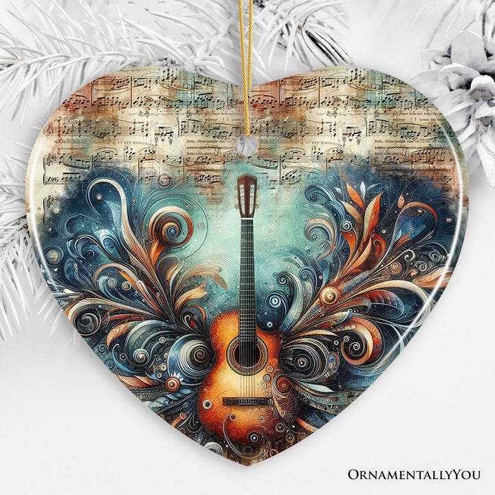 Elegantly Artistic Guitar and Music Sheet Ornament, Guitarist Musician Christmas Gift Ceramic Ornament OrnamentallyYou 