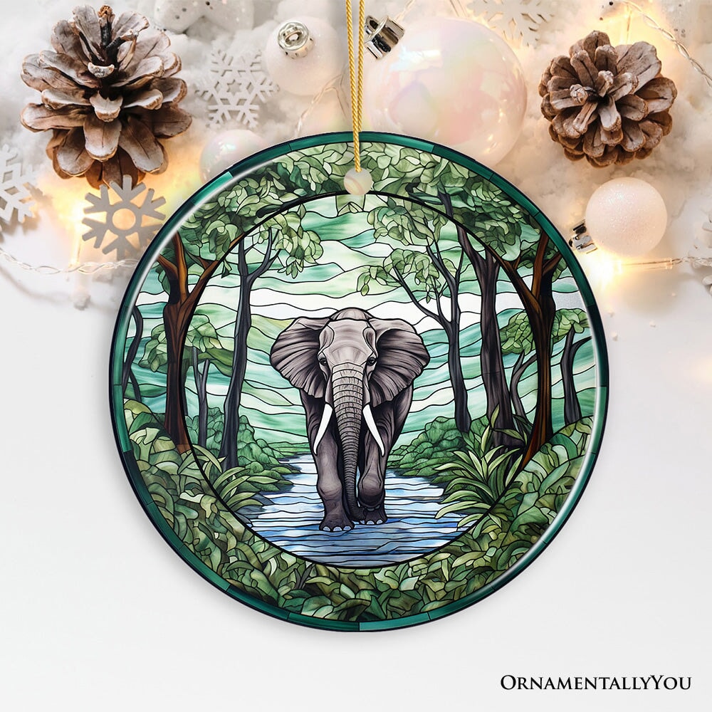 Elephant Elegance Stained Glass Style Ceramic Ornament, African Animals Christmas Gift and Decor Ceramic Ornament OrnamentallyYou Circle 