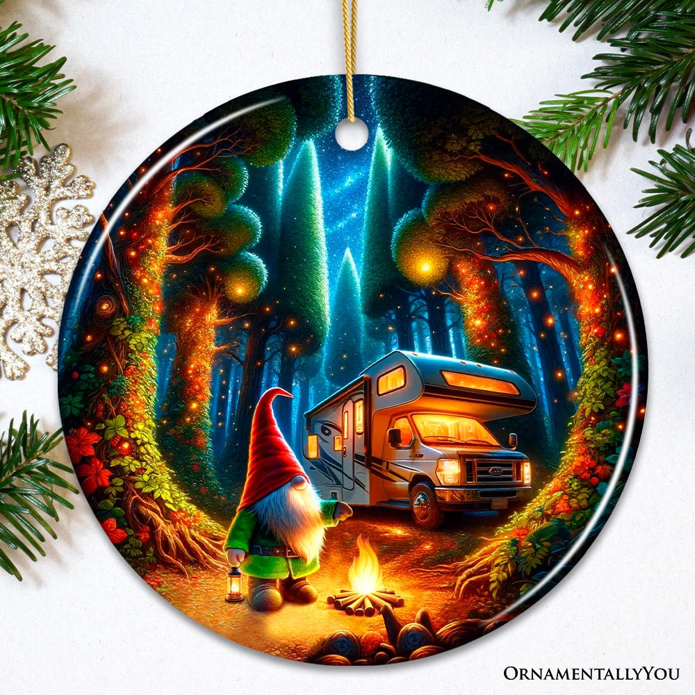 Enchanted Camper Gnome Forest Haven Ornament, Magical Twilight Christmas Ornament Ceramic Ornament OrnamentallyYou 