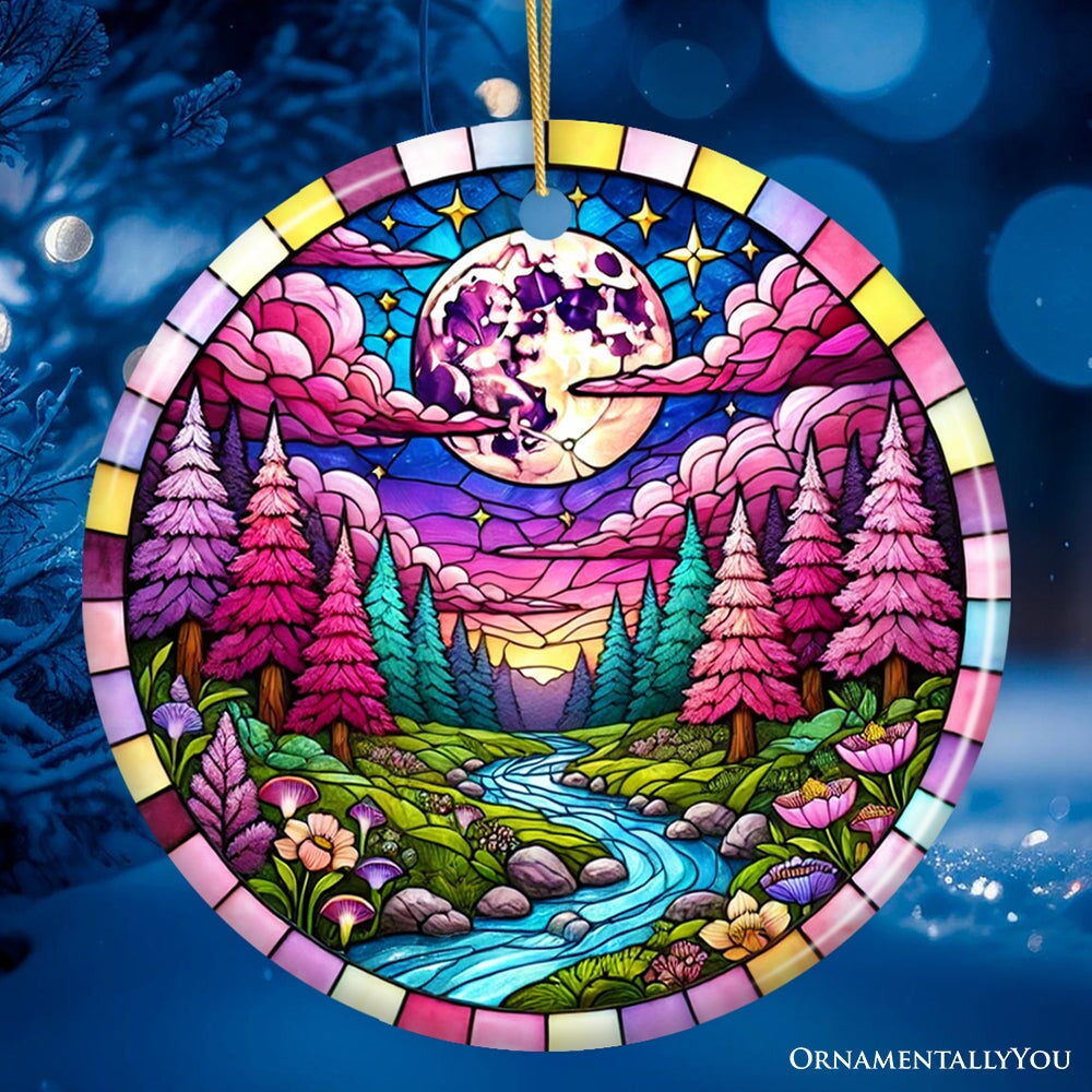 Enchanted Forest Glow Pink Themed Ornament, Mystical Moonlit Landscape Gift and Decor Ceramic Ornament OrnamentallyYou Circle 