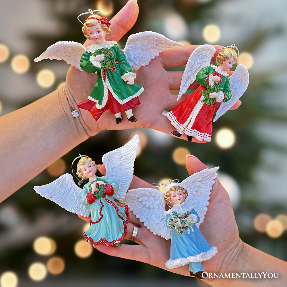 Enchanted Handpainted Angel Ornaments Set of 4, Vintage Angelic Christmas Tree Decorations Ornament Bundle OrnamentallyYou 