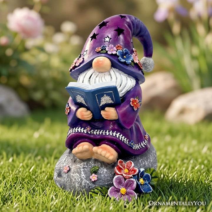 Enchanted Wisdom Solar Book Reader Gnome Figurine, 8" Lighted Lavender Purple Garden Statue Resin Statues OrnamentallyYou 