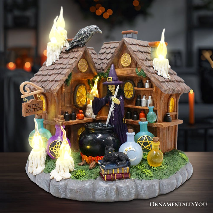 Enchanted Witch Cottage Lighted Figurine, 10" LED Halloween Decor Statue with Cauldrons and Ravens Resin Statues OrnamentallyYou 