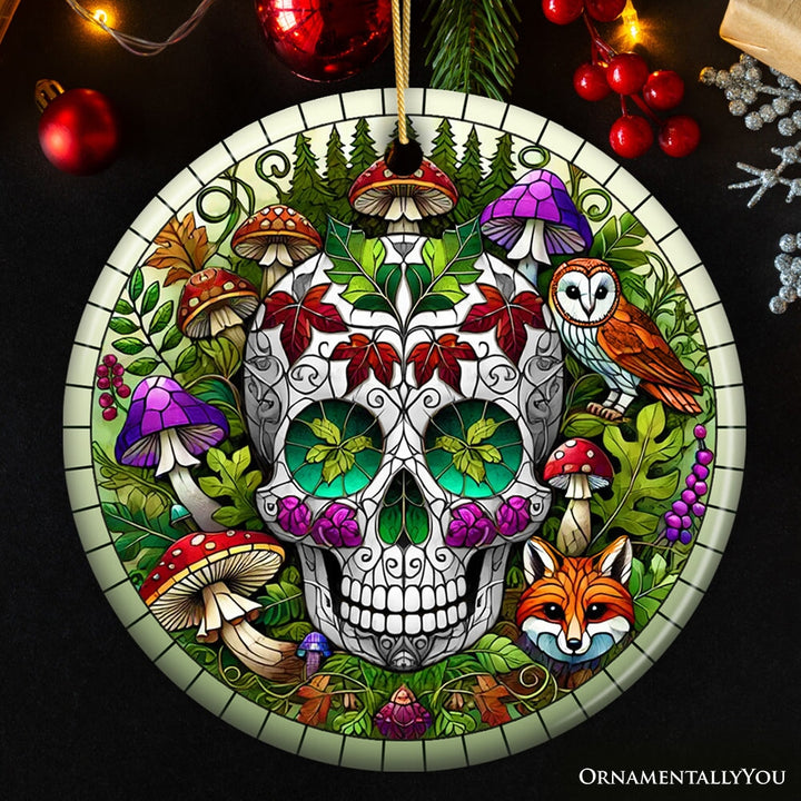 Enchanted Woodland Sugar Skull Ornament, Mystical Forest Christmas Gift and Decor Ceramic Ornament OrnamentallyYou Circle 