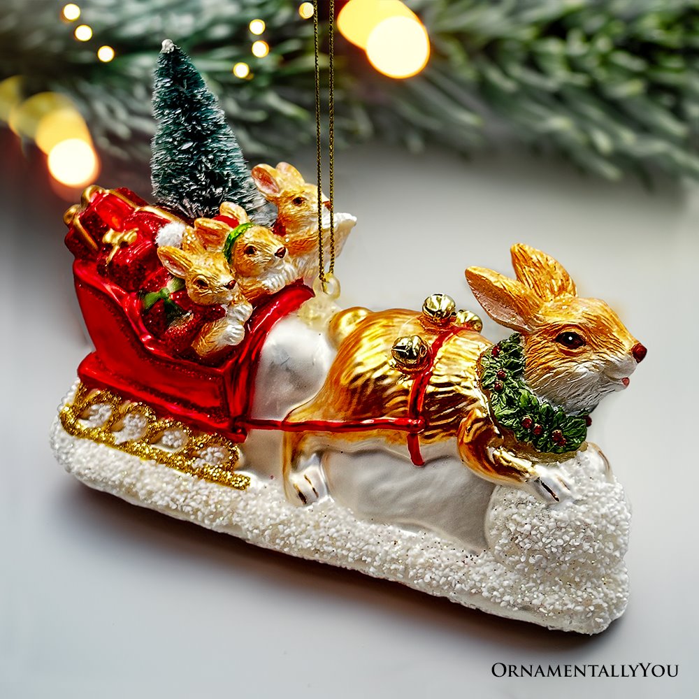 Enchanting Hare and Sleigh Glass Christmas Ornament, Elegant Hand Blown Tree Decor Glass Ornament OrnamentallyYou 