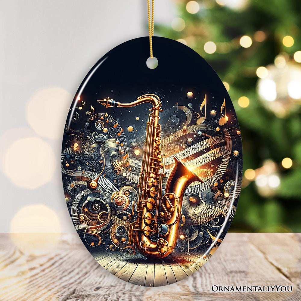 Enchanting Melodic of an Elegant Saxophone Ceramic Ornament, Saxophonist Musician Gift Ceramic Ornament OrnamentallyYou Oval 